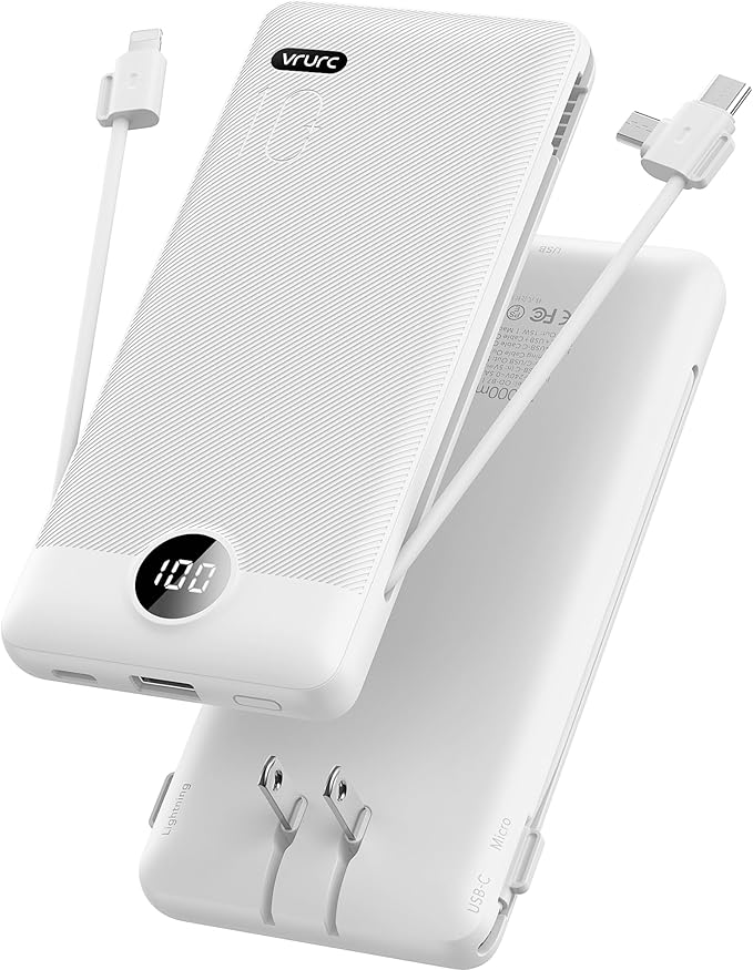 VRURC Portable Charger,Power Bank Built-in Cables and AC Wall Plug, USB C Portable Bank 10000mAh, Travel Essentials Phone Charger Compact External Battery Pack for Smart Phones, Tablets etc-White