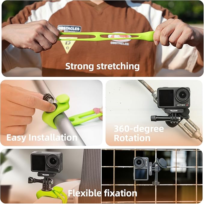TELESIN Camera 360 Strap Mount Flexible Wrap Band Bike Motorcycle Handlebar Tube Roll Bar Stick Pole Ski Holder Accessories for GoPro Max Hero 13 12 11 10 9 Insta360 Ace Pro X3 DJI Action 3 4 Pocket