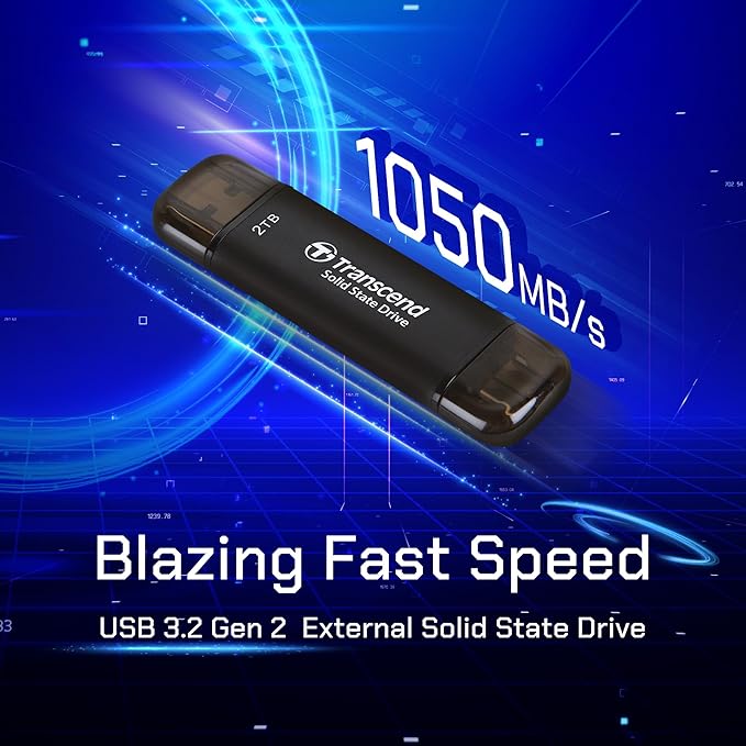 Transcend 256GB External SSD, Up to 1,050MB/s, Dual USB Flash Drive for iPhone&iPad&Mac, Windows&Android, Tablet&PC, Smart TV, USB 3.2 Gen 2 Thumb Drive Photo Stick, 2-in-1 Type C &Type A Memory Stick
