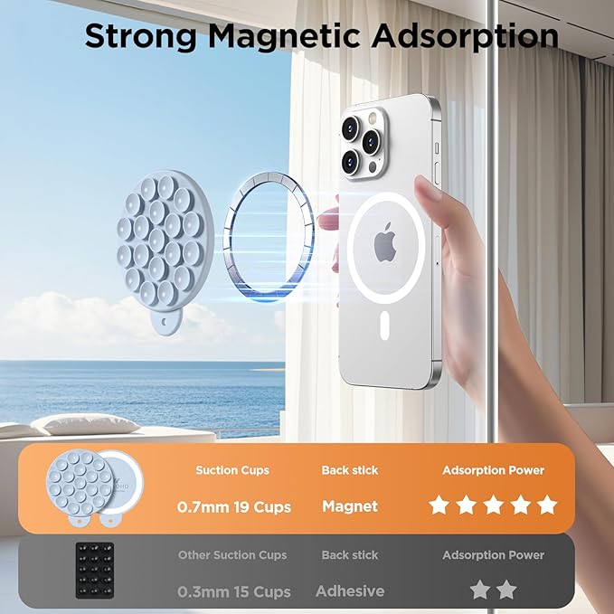 Magnetic Suction Cup Phone Mount for MagSafe Case, Silicone Hands-Free Grip Holder for iPhone and Android, Mirror Shower Phone Stand for Makeup FaceTime Gym Kitchen Bathroom, Baby Blue