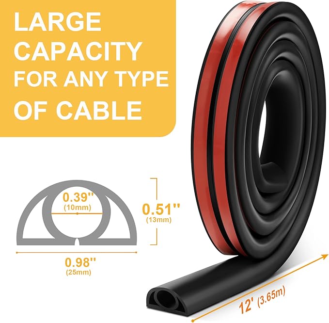12ft Cord Cover Floor for Extension Cords, Self-Adhesive Floor Cable Cover to Protect Cables & Prevent Tripping, PVC Cord Hider Protector, Internal Wire Management Channel Diameter: 0.39", Brown