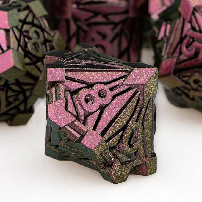 7PCS Metal DND Dice Set with Box, Debris RPG Purple Red D and D Dice for use with D&D Tabletop Games Role Playing Game Polyhedral Dice Set D20 D12 D10 D8 D6 D4