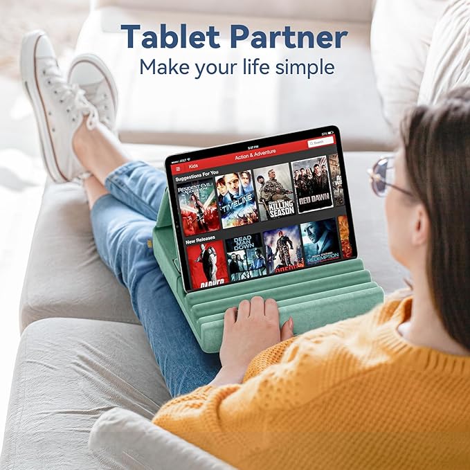 KDD Tablet Pillow Holder, Foldable iPad Stand for Lap, Bed and Desk -Tablet Soft Pad Dock with Pocket & Stylus Mount Compatible with iPad Pro 12.9, 10.5, 9.7 Air Mini 6 5 4 3, E-Reader