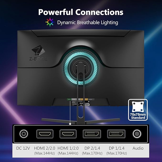 Z-Edge 32 inch Curved Gaming Monitor, QHD 1440P 170Hz 165Hz 144Hz Curved Monitor, 1500R Computer Monitor, MPRT 1ms Monitor, 16.7M Colors, 3000:1 Contrast, UG32 Ultra Slim Bezel, DP x2, HDMI x2