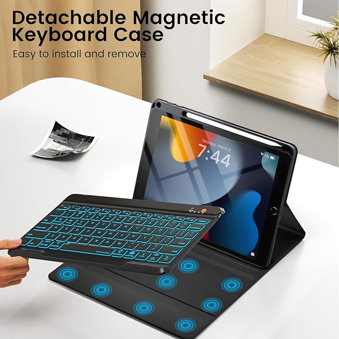 OYEEICE for iPad 9th Generation Case with Keyboard 10.2'' - 7 Color Backlit Wireless Keyboard Cover with Pencil Holder for iPad 9th/8th/7th Gen 10.2 inch, iPad Air 3rd Gen & iPad Pro 10.5" - Black