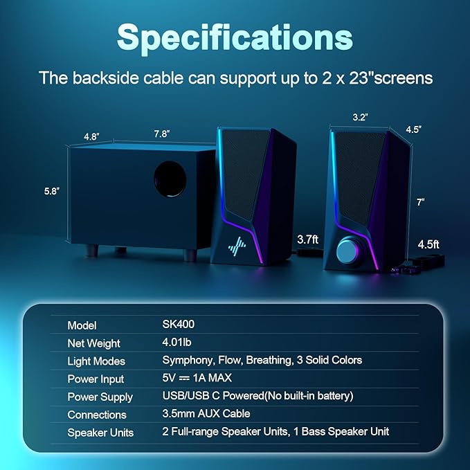 Nylavee Computer Speakers with Subwoofer, 2.1 Hi-Fi PC Speakers System with 6 Lighting Modes, Enhanced Bass, Plug and Play, USB/USB-C Powered and 3.5mm Aux in for Desktop, Monitor, Laptop, Tablet