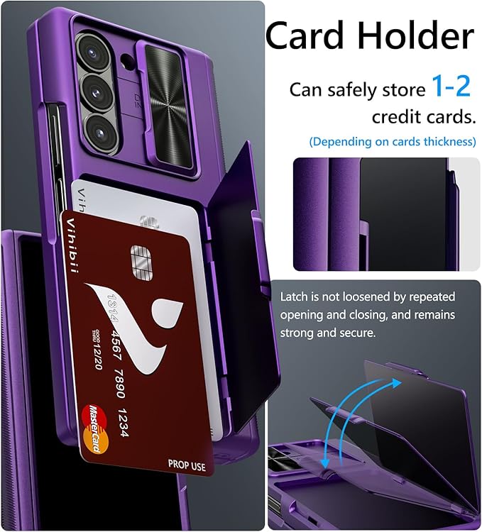 Vihibii for Samsung Galaxy Z Fold 6 Case with Card Holder & Camera Protective Cover & Hinge Protection & Front Screen Protector, Full Body Sturdy Wallet Case for Samsung Galaxy Z Fold 6, Dark Purple