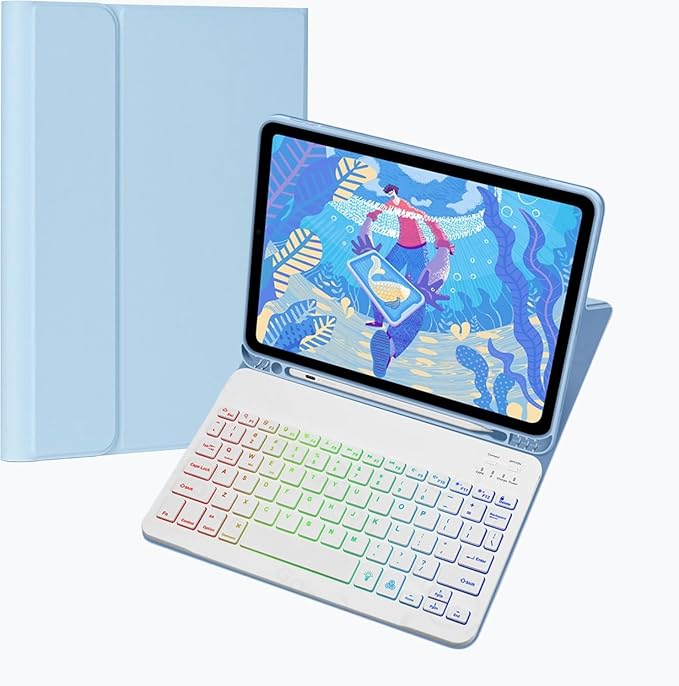 Keyboard Case for Galaxy Tab A9+/A9 Plus 11 Inch 2023, Slim Lightweight 7 Color Rainbow Backlight Detachable Magnetic Bluetooth Keyboard Cover with S Pen Holder,Sky Blue