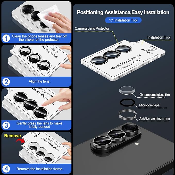 for Samsung Galaxy Z Fold 7 Camera Lens Protector, Individual Metal Ring Tempered Glass Lens Cover, [Strong Adsorption] Scratch Resistant Ultra-Thin HD Clear Lens Cover, 1 Set-Black Ring