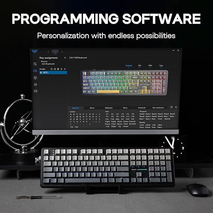 EPOMAKER Aula F108 Wireless Gaming Keyboard, Full Size Mechanical Keyboard with 4000mAh Battery, 108 Hot-Swappable and Programmable Keys, RGB Backlight, for Mac/PC/Android (Black Gradient)
