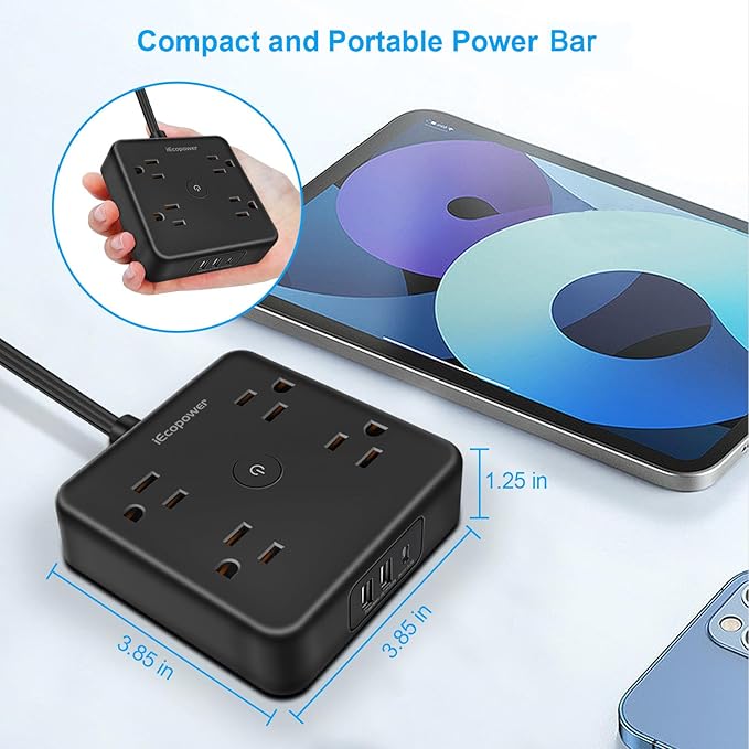 Ultra Flat Plug Surge Protector Power Strip 10 ft Cord,Long Power Strip with 4 Widely Outlets, Thin Extension Cord with 3 USB Ports(1 USB C Port),Slim Desk Charging Station,Black(2 Pack)