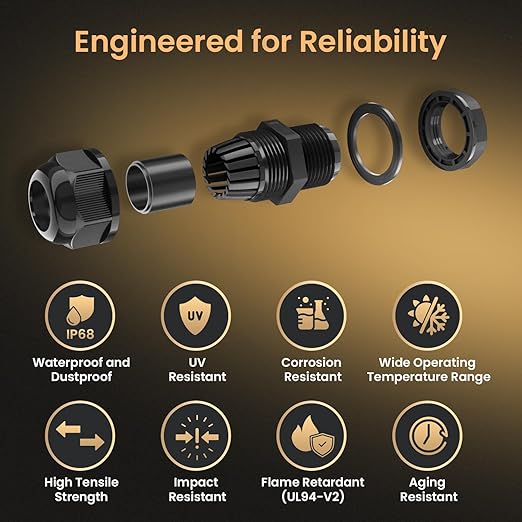 QILIPSU 50pcs M16L Long Thread Cable Gland Waterproof IP68 Nylon Strain Relief Cord Grip Cable Pass Through Wire Connector