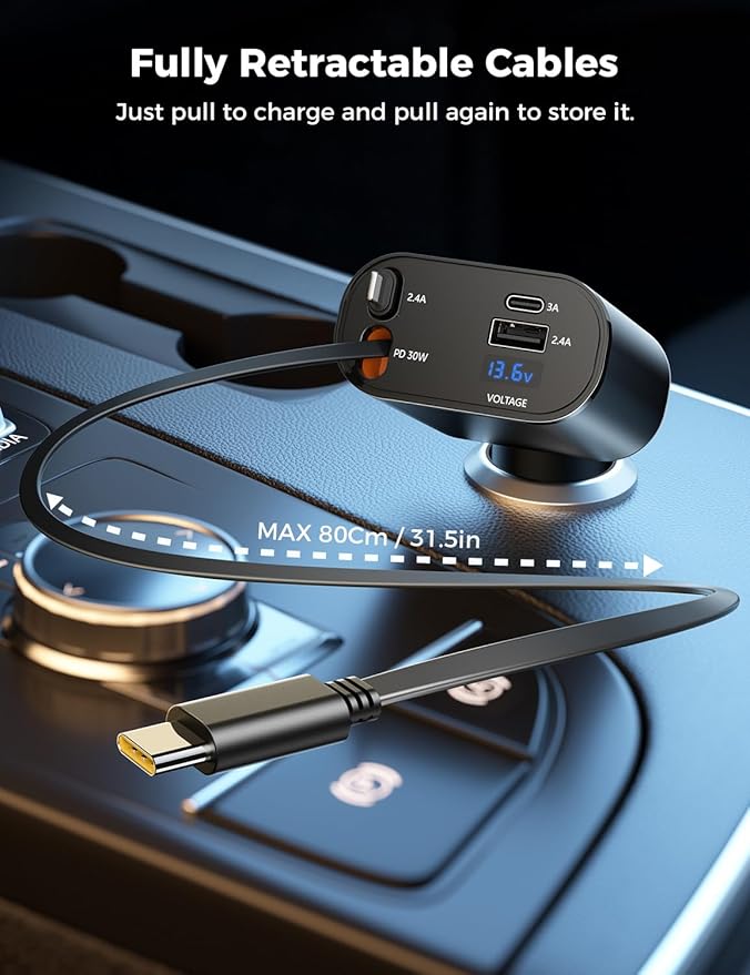 【Upgraded】 SUPERONE Retractable Car Charger 4 in 1, Fast Car Phone Charger with Cord 2.6ft, USB C and Apple Car Adapter, Compatible with iPhone 16 15/15 Pro Max/14/13/12/11, Galaxy, Pixel