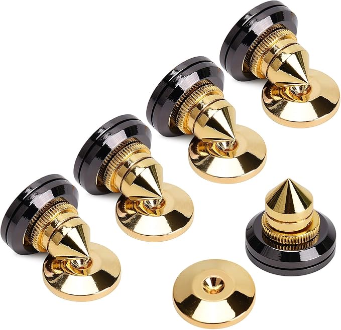 Facmogu 4PCS Golden Speaker Isolation Spikes with Plated Speaker Spikes Pads Mat, Speaker Spikes & Speaker Spike Pad Kit with Double-Sided Adhesive for Subwoofer CD DVD Player Audio Amplifier Recorder