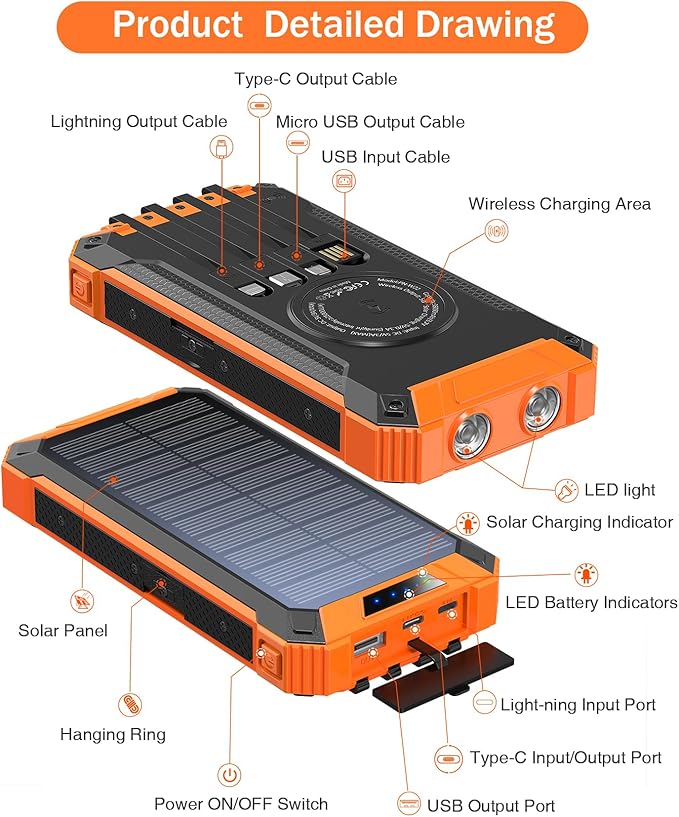GOODaaa Power Bank Wireless Charger 36000mAh Built in 4 Cables Six Outputs 15W Fast Charging Power Bank for All Mobile Devices Three Inputs Solar Portable Charger with Dual Flashlights, Carabiner