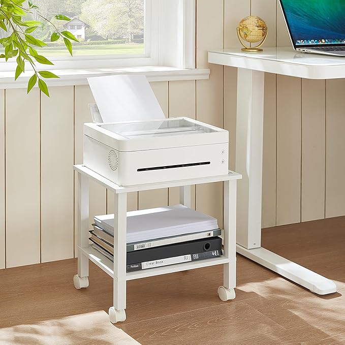 2 Tier Printer Stand with Storage,Under Desk Shelf Printer Table, Rolling Printer Cart for Office,Home,White