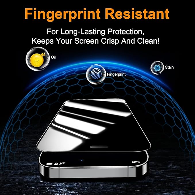 OneFish 2 Pack Privacy Screen Protector for iPhone 15 Pro - 4-Way 360° Anti-Spy Tempered Glass, 9H Hardness, 3D Curved Edges, Case-Friendly & Easy Installation