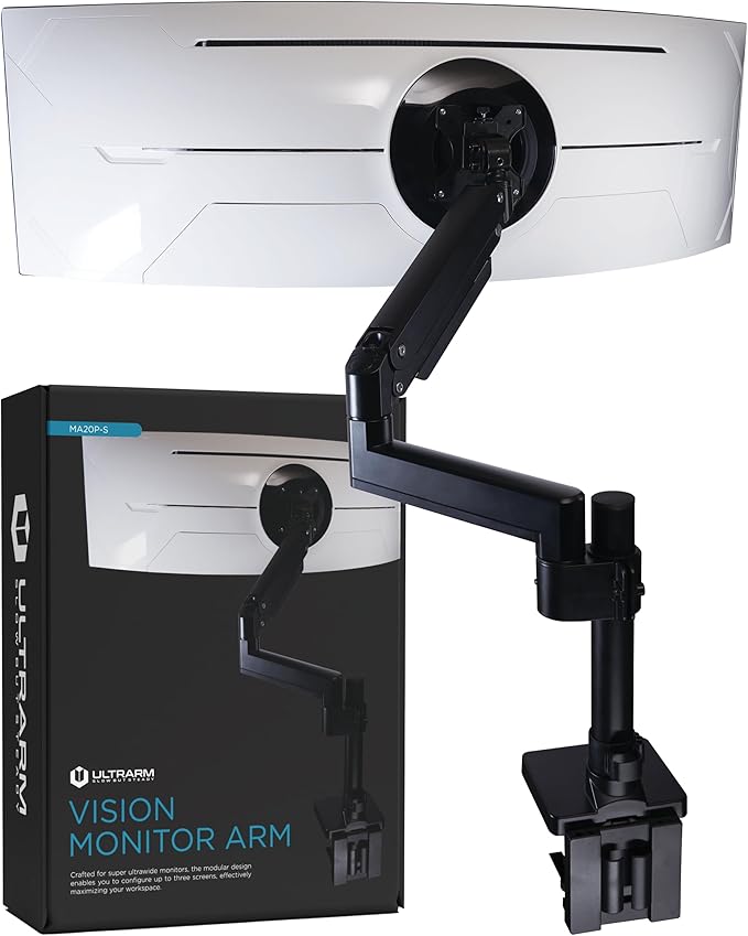 Heavy Duty Monitor Arm for Ultrawide Monitors up to 57" and 44 lbs, Single Desk Stand, Pneumatic Height Adjustable, Modular Extension Arms - Max VESA 100x100, Black, MA20P-S