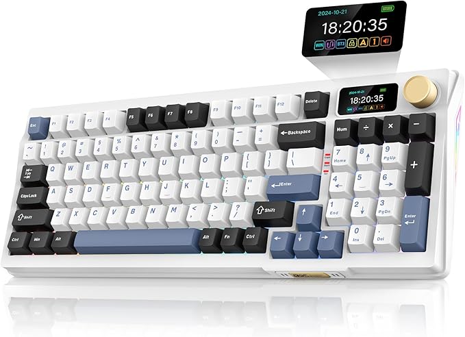 RedThunder K95 Wireless Mechanical Keyboard, TFT Screen & Knob, Tri-Mode BT5.0/2.4GHz/USB-C Hot Swappable Custom, Pre-lubed Linear Switches, Gasket Structure, RGB Gaming Keyboard, Snowy White-Blue