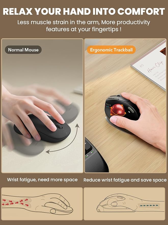 Wireless Trackball Mouse, Ergonomic Bluetooth Rechargeable Computer Mouse, Backlit Rollerball Thumb Laptop mice with 5 Level DPI, Adjustable Angle, 3 Devices Connection for PC, Windows - Red Ball