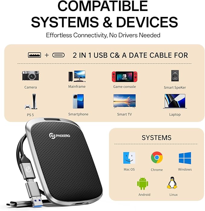 PHIXERO P5PLUS Portable SSD 512GB Up to 550MB/s, USB 3.2 Gen 2 External Solid State Drive，USB C to C&A for Smartphone，Tablet，PC，Labtop (Black)