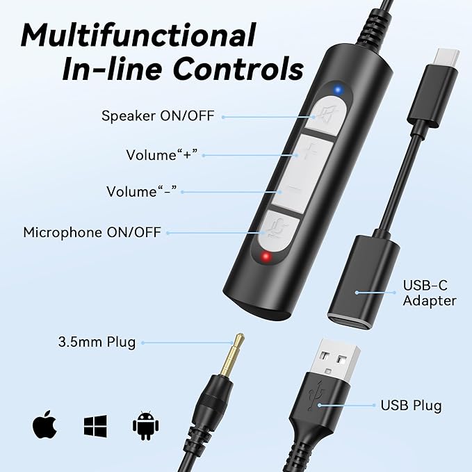 Headset wtih Mic, USB Headset with Microphone for PC, Computer Headset with Noise Canceling Microphone with Mute for Work Home Office Online Skype Zoom Meetings