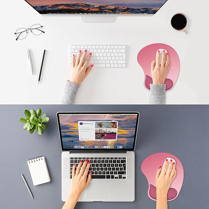 ITNRSIIET Ergonomic Mouse Pad, Cushioned Gel Wrist Rest, Non-Slip Base, Smooth Surface, Cute Multi-Color, 9.5 x 8.2 in, Pink Ombre