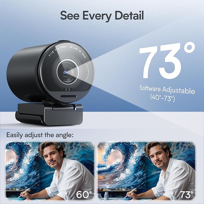 EMEET SmartCam S800-4K Webcam for Streaming, Sony 1/2'' Sensor, Supports HDR, PDAF&TOF Dual-autofocus, 1080P@60fps, 2 Noise-Cancelling Mics, 40°-73° FOV, Perfect for Live Streaming&Online Meetings