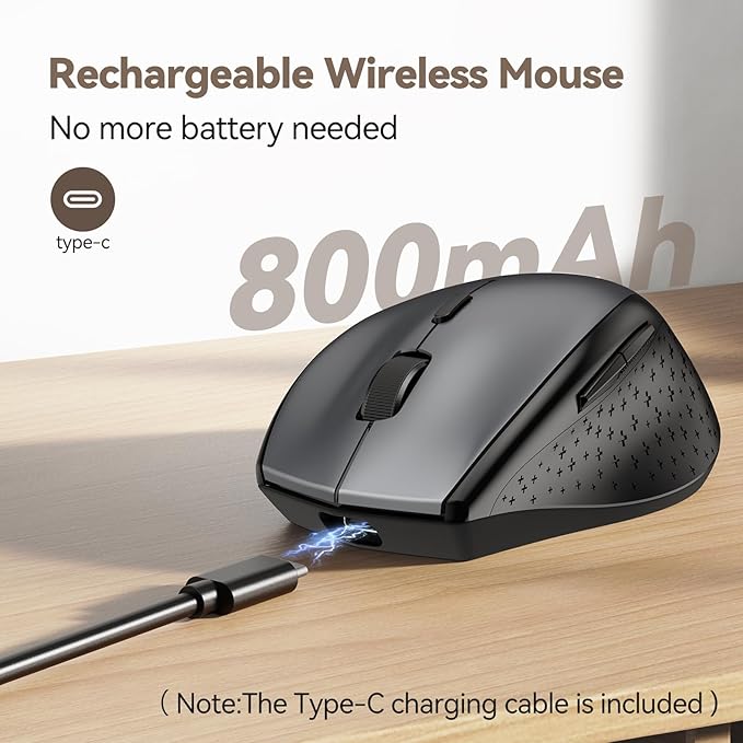 TECKNET Wireless Mouse Jiggler, USB-C Rechargeable Mouse, Silent Mouse Quiet Click, Build-in Mouse Mover, 6400 DPI Ergonomic Mouse, 2.4G Cordless Computer Mice for Mac, Laptop, Desktop, PC