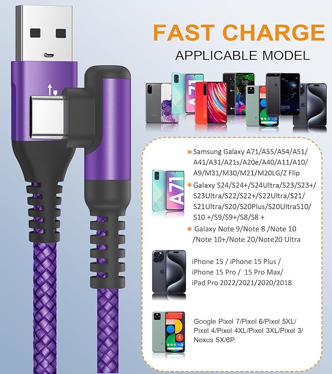 sweguard USB Type C Charger Cable Right Angle [2-Pack,6.6FT] iPhone 16 Charger Nylon Braided Cord for iPhone 15 16 Pro Max Samsung Galaxy S25 S24 S23 S22 S21 S20 S10 S9 Note A15 A55 Flip Pixel LG Moto