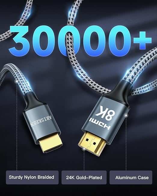 ARISKEEN 8K HDMI Cable 10FT 2-Pack, 48Gbps High Speed HDMI 2.1 Cable, 8K 60Hz, 4K 120Hz 144Hz Support for HDR 10, HDCP 2.2 2.3, eARC, DTS:X, Braided HDMI Cord Compatible with Laptop/HDTV - 10 Feet