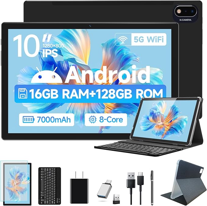2025 Latest Android Tablet 10.1 Inch, 5G WiFi Tablets Mit 16GB RAM+128GB ROM(1TB TF),2 in 1 Tablet with Keyboard Mouse Pen-Octa-Core2.0Ghz | 7000mAh | 1080FHD | 13MP Camera | WLAN GPS -Black