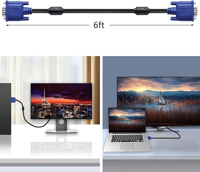 PASOW VGA to VGA Monitor Cable HD15 Male to Male for TV Computer Projector (6 Feet)