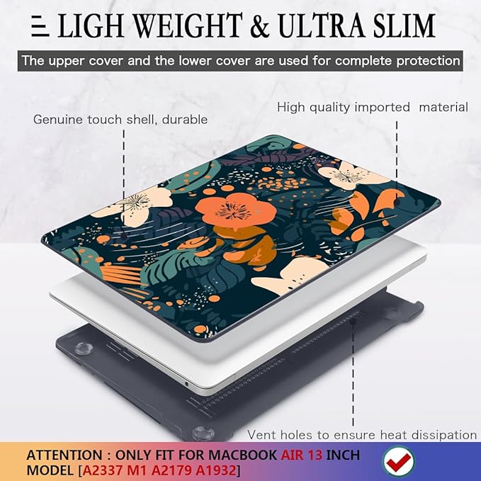 CISSOOK Compatible with MacBook Air 13 inch Case 2021 2020 2019 2018 Release M1 A2337 A2179 A1932, Plastic Flowers Hard Shell&Keyboard Cover&Screen Protector for MacBook Air 13" Case, Little Flower