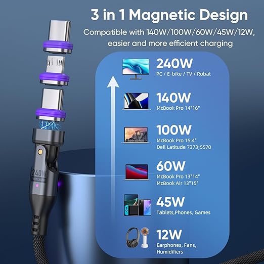 240W Magnetic Charging Cable ，180°Rotating USBC to USB C Magnetic Data Cable ，Micro USB Magnetic Phone Fast Charger Cable Data Transfer for Laptop/Tablet/Smart Phone (6ft)
