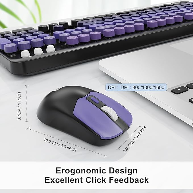 Wireless Keyboard and Mouse Combo, 104 Round Keys Cute Colorful Keyboard and Mouse with Retro Typewriter for PC/Mac/Laptop/Tablet/Computer/Windows Black Purple