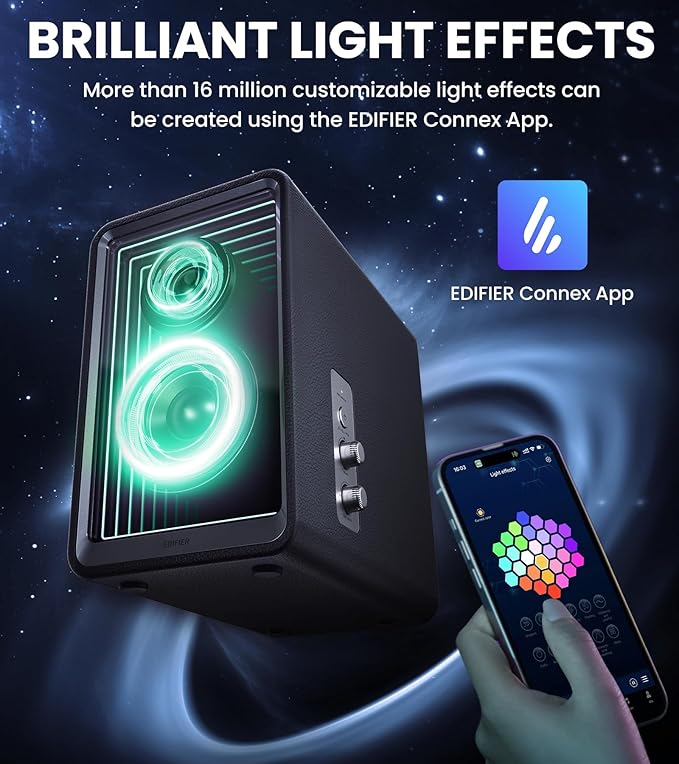 Edifier QR65 Desktop Active Monitor with 2.75" Long-Throw Aluminum Diaphragm mid-Low Drivers, Hi-Res Audio, Brilliant Light Effects, 70W Output Power Bluetooth Speakers with Stands - Black