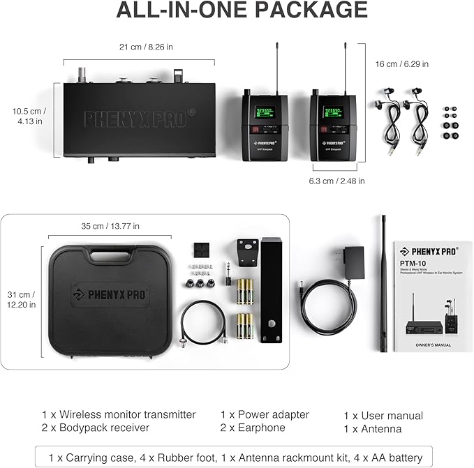 Phenyx Pro Wireless in Ear Monitor System, True Stereo UHF IEM, in Ear Monitors for Musicians, Metal Stage Monitor w/ 89 Frequencies, Rack Mount, for Studio/Band (2 Bodypacks with Transmitter)