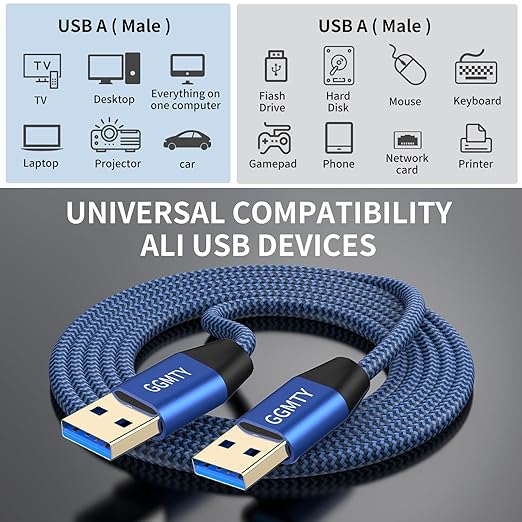 USB to USB Cable 6FT,Durable Braidedfor USB 3.0 Male to Male Type A to Type A Cable Data Transfer Compatible with Hard Drive, Laptop, DVD Player, TV, USB 3.0 Hub, Monitor, Camera, Set Up Box and More