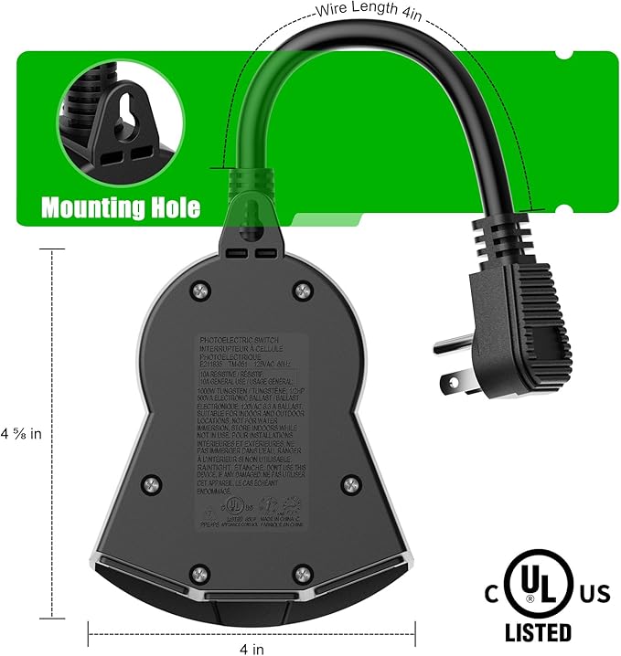 Outdoor Light Sensor Timer, 24 Hours Heavy Duty Waterproof Outlet Timer with 2, 4, 6 or 8 Hours Countdown Mode, 3 Grounded Electrical Outlet for Home Backyard Garden (2 Pack)