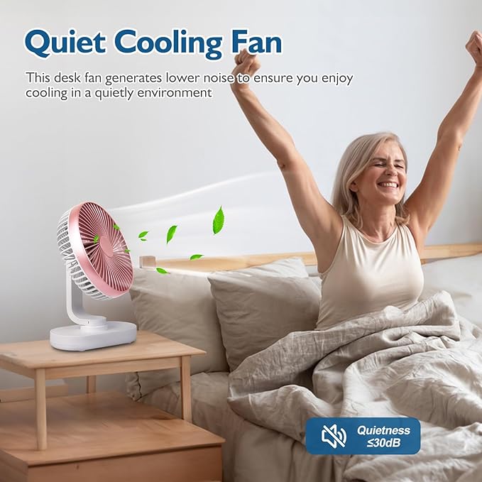 CONBOLA Small Desk Fan for Bedroom, 4000mAh Battery Powered Rechargeable Fan, 90° Vertical Manual and 120° Oscillating Fan, 4 Speeds Quiet Air Circulator Table Fan for Home Office, Pink
