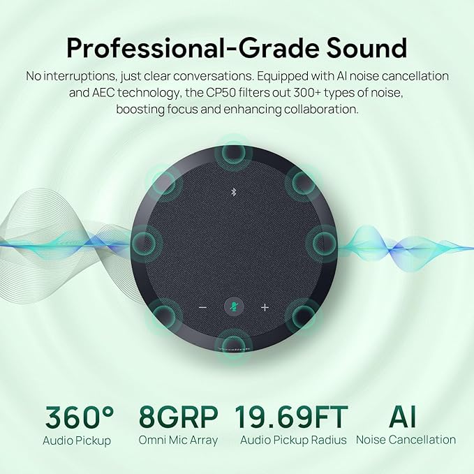 Yealink CP50 Conference Call Speaker and Microphone with Ai Noise Cancellation, Speakerphone for Teams Room, 8 360° Omnidirectional Mics, Bluetooth, USB-C, Daisy Chain, 19.69ft Pickup Telephon