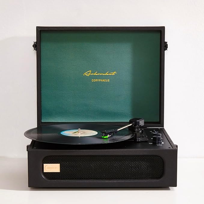 Arkrocket Coryphaeus Vinyl Record Player 3-Speed Bluetooth Input and Output Built-in Speakers with Magnetic Cartridge Auto Off (Black Green)