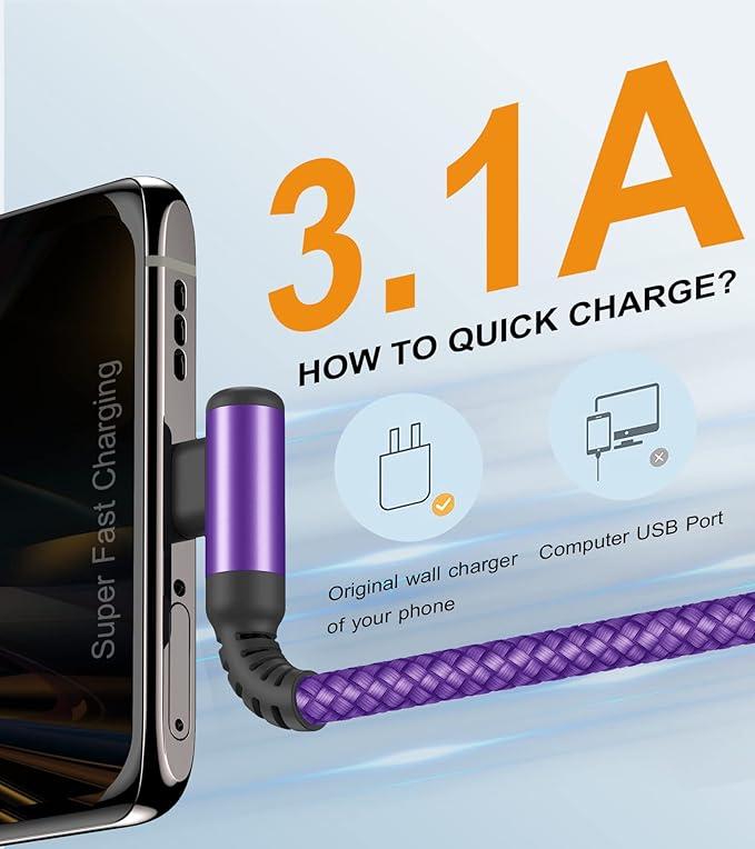 sweguard USB Type C Charger Cable Right Angle [2-Pack,6.6FT] iPhone 16 Charger Nylon Braided Cord for iPhone 15 16 Pro Max Samsung Galaxy S25 S24 S23 S22 S21 S20 S10 S9 Note A15 A55 Flip Pixel LG Moto
