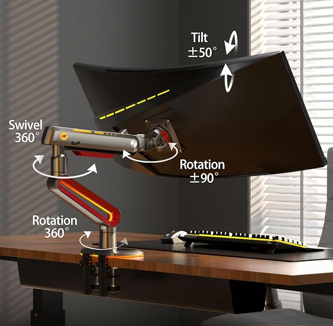 RGB Gaming Monitor-arm for Flat/Ultrawide/Curved Monitors 32 to 60 inch, Heavy Duty Stand Load up to 20 kg, VESA 75/100 mm Monitor-Mount L60