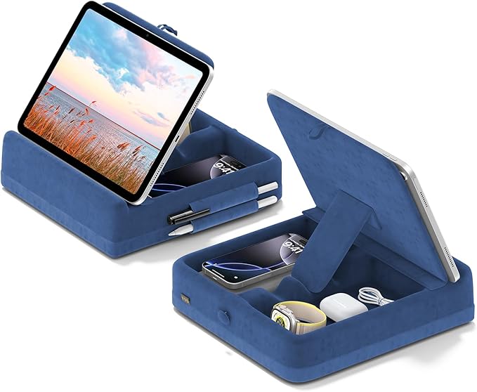 KDD Tablet Pillow Stand with Storage, Foldable iPad Holder for Lap, Desk and Bed, Angle Adjustable Soft Pad Dock with Stylus Mount Compatible with iPad Pro, Air, mini, Book, Phone and Tablet (4-13")