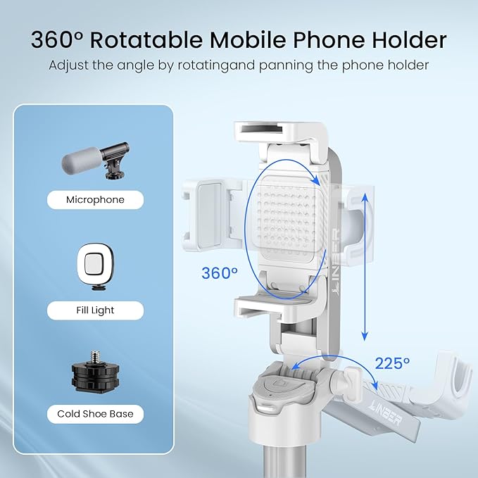 Mini Selfie Stick with 2 Fill Lights, Portable Phone Tripod with Remote and Cold Shoe Mount, Pocket Size Selfie Tripod for iPhone Android, Live Streaming, Video Recording(White)