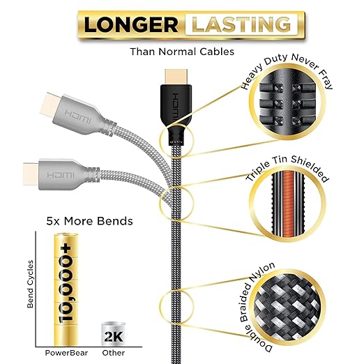 PowerBear 4K HDMI Cable 10 ft [2 Pack] High Speed, Braided Nylon & Gold Connectors, 4K @ 60Hz, Ultra HD, 2K, 1080P, ARC & CL3 Rated | for Laptop, Monitor, PS5, PS4, Xbox One, Fire TV, Apple TV & More