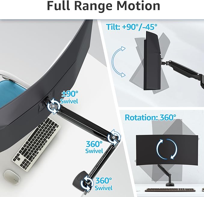 MOUNTUP Ultrawide Monitor Arm for Max 40 Inch Screen, Heavy Duty Monitor Desk Mount Support 6.6-30.9lbs, Gas Spring Computer Monitors Stand for Desk, VESA Mount with Clamp & Grommet Base