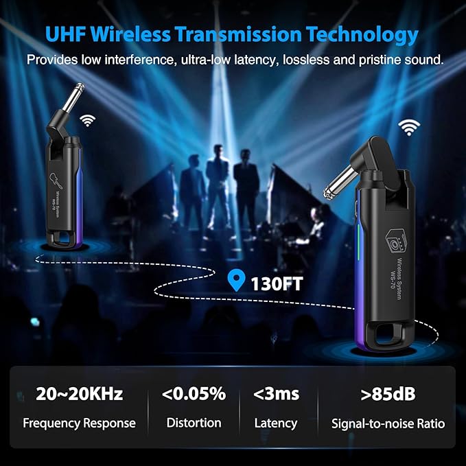 LEKATO Wireless Guitar System UHF Wireless Guitar Transmitter Receiver Rechargeable Audio Wireless Guitar Transmitter and Receiver with 70 Channels Wireless for Guitar Bass Electric Instruments (Blue)